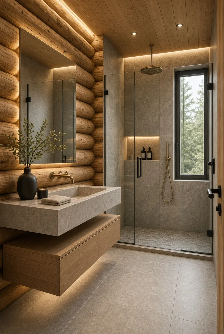 PM35 bathroom with stone vanity and glass shower