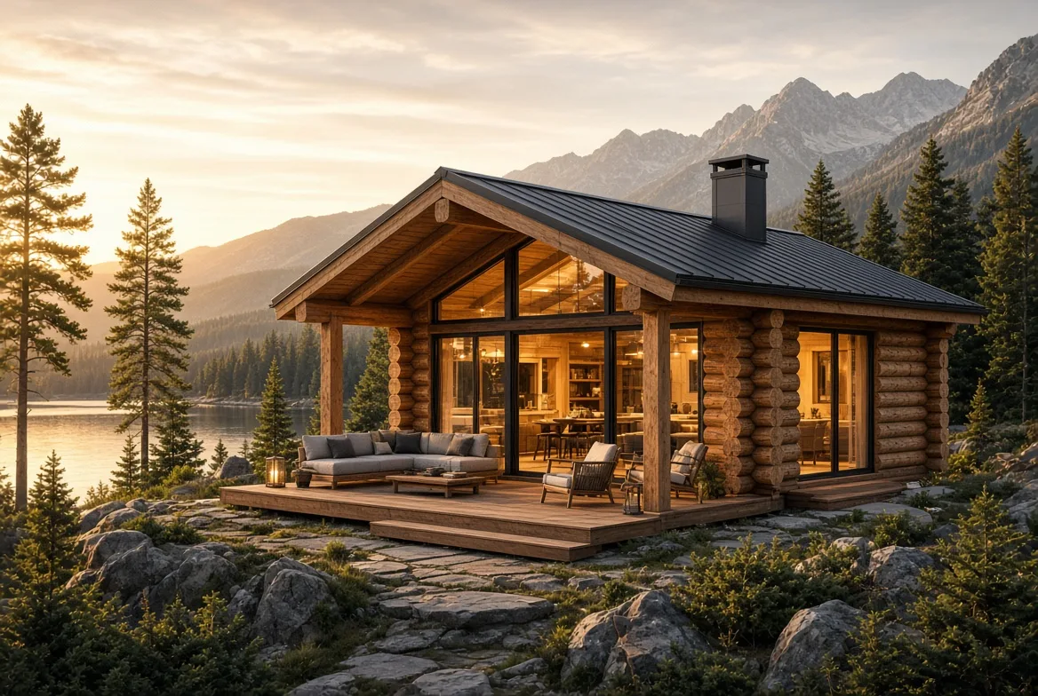 PM35 exterior at golden hour beside a lake