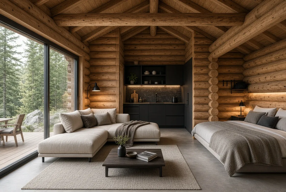 PM35 lounge and kitchenette with forest view