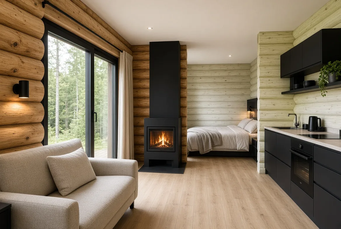 PM35 lounge with wood stove, bed and kitchenette