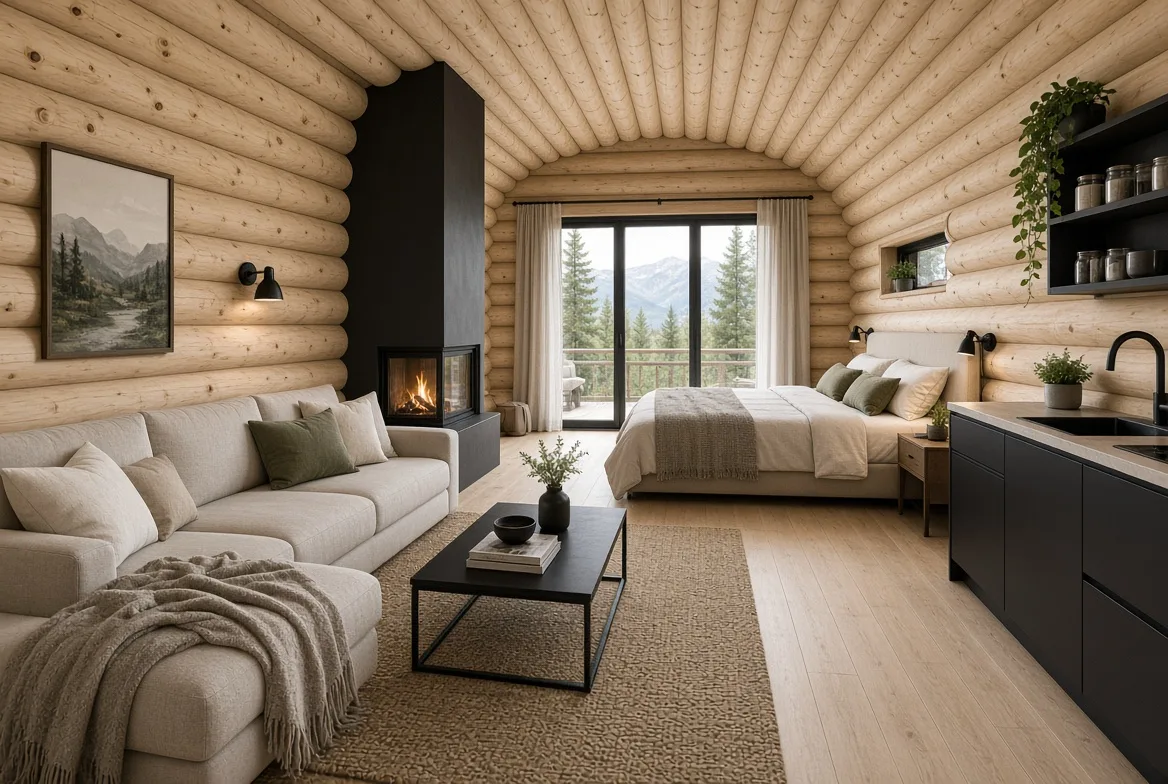 PM35 arched-ceiling open-plan interior with fireplace, sofa and bed