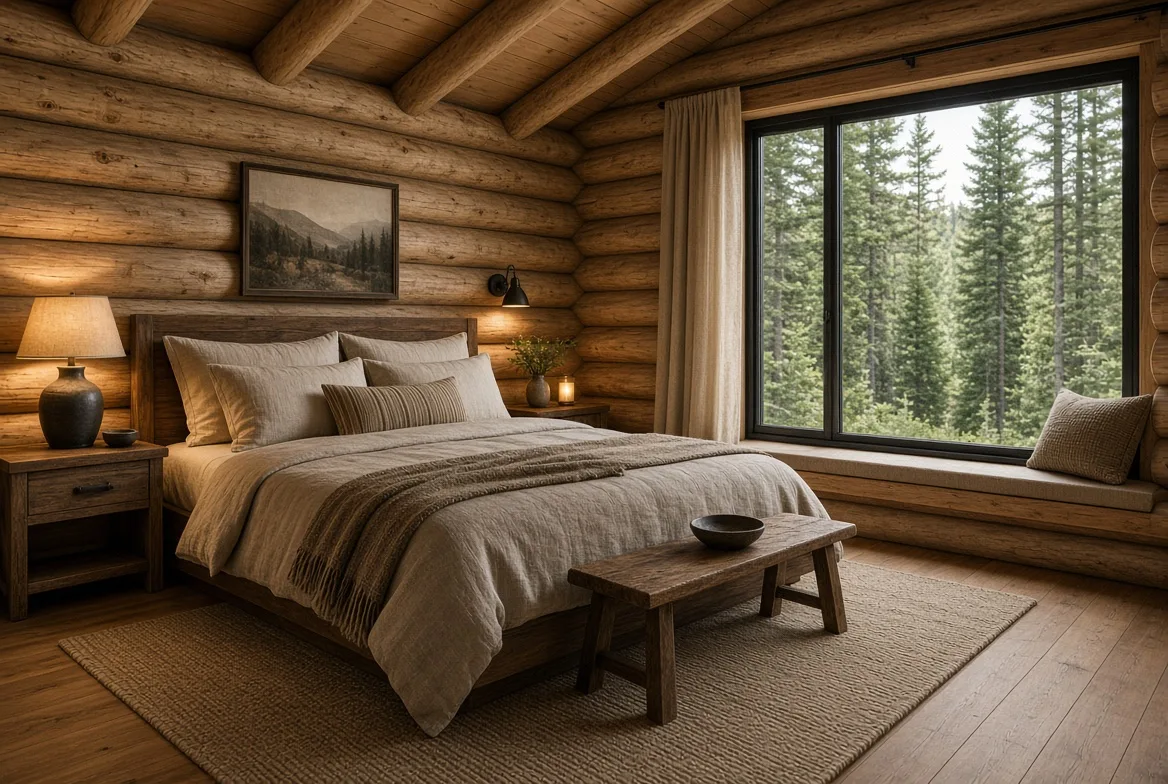PM70 bedroom with window bench and forest view