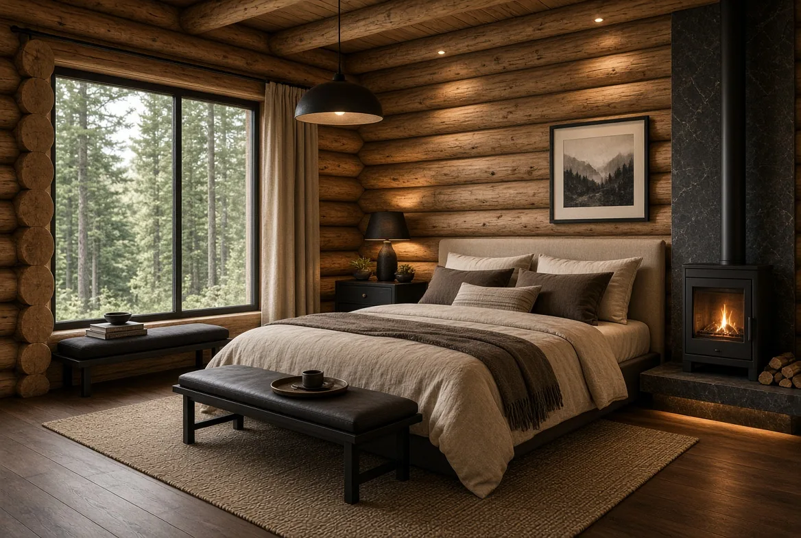 PM70 primary bedroom with wood stove and forest view