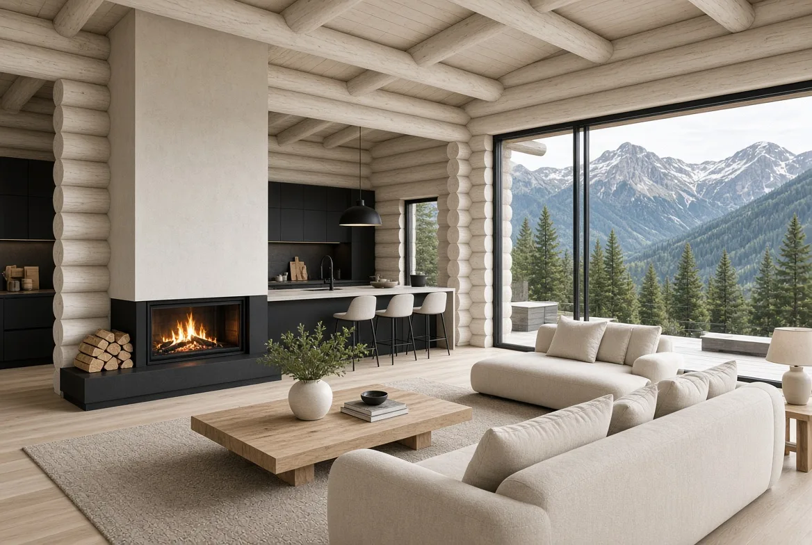 PM70 kitchen with bar seating and mountain view