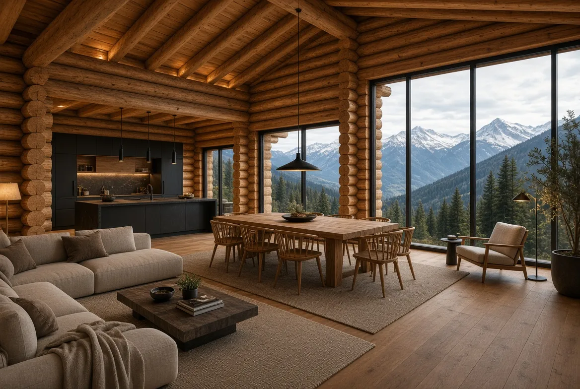 PM70 living, kitchen and dining with mountain view