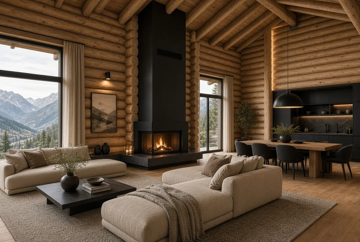 PM70 double-height living room with fireplace and mountain view
