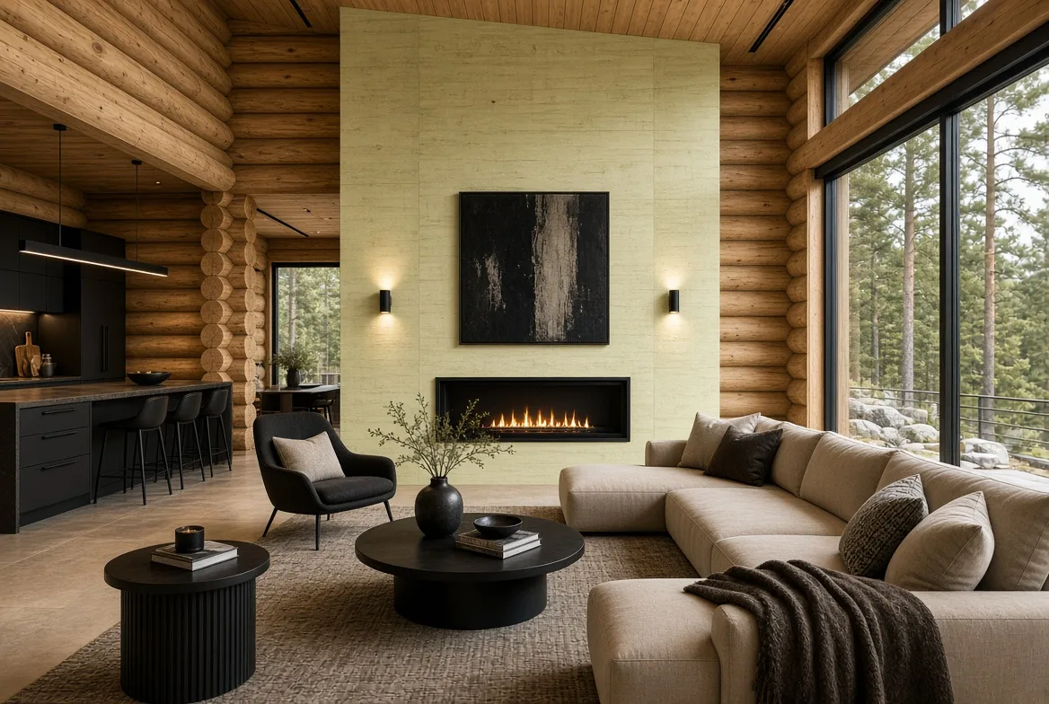PM70 living room with fireplace and open kitchen