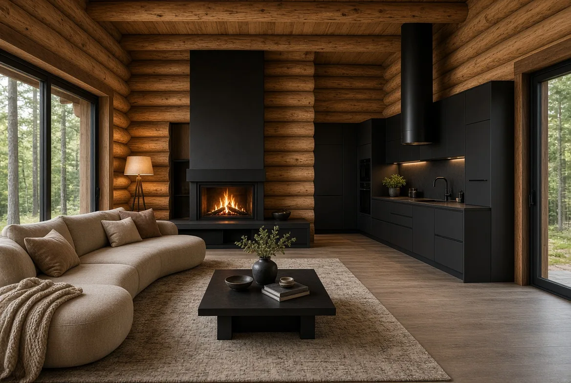 PM70 living room and kitchen with forest views on both sides