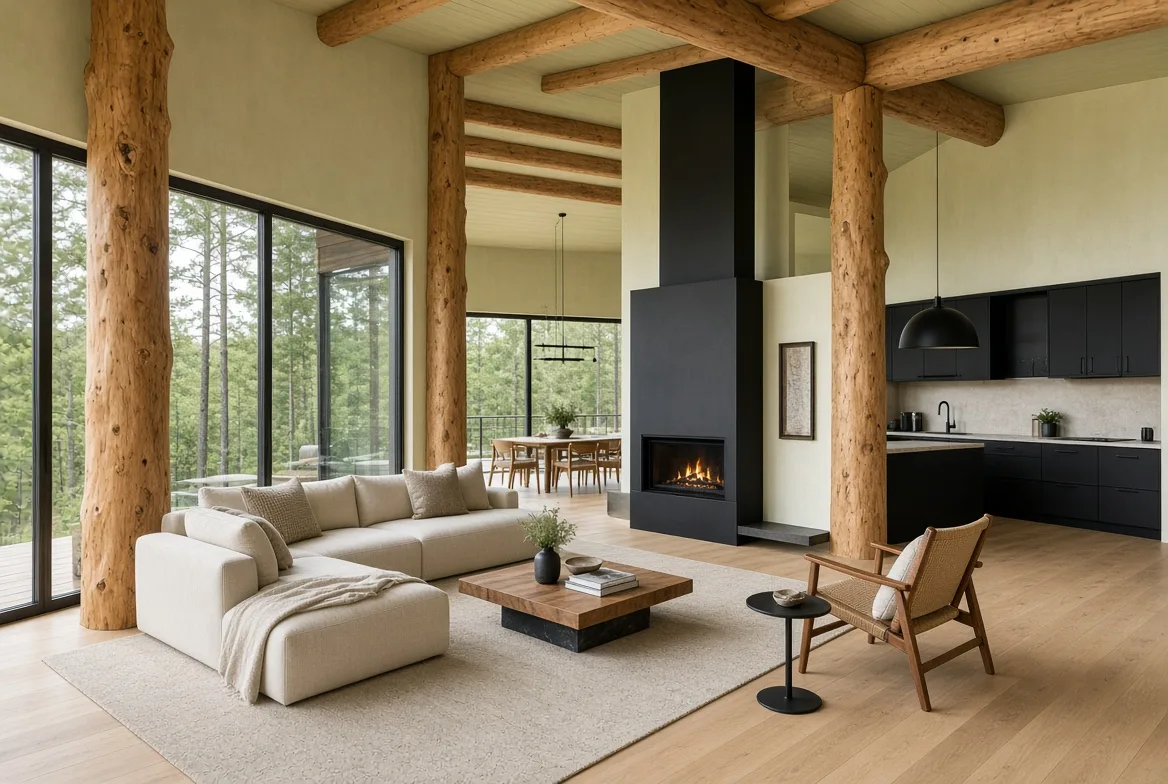 PM70 living, kitchen and dining with feature log posts