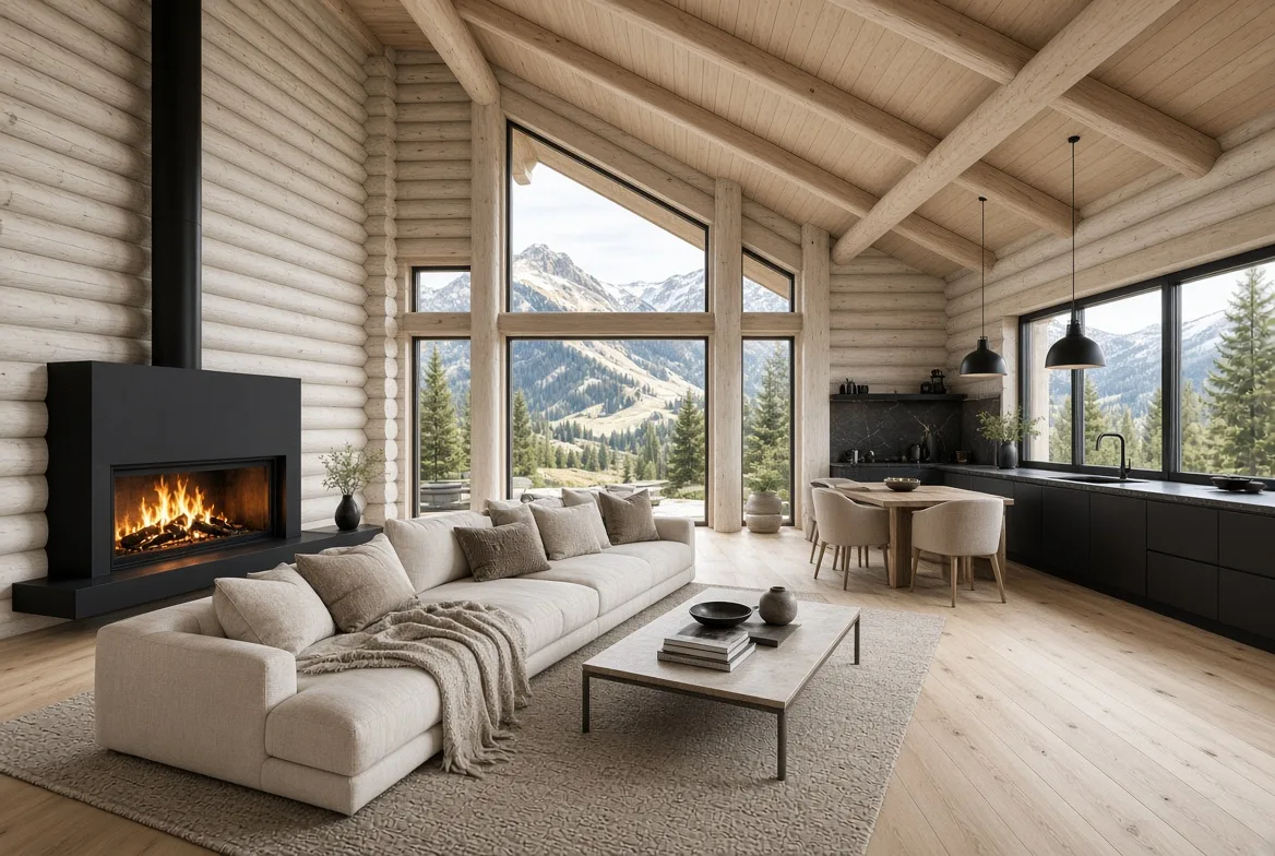 PM70 vaulted living, kitchen and dining area with mountain views