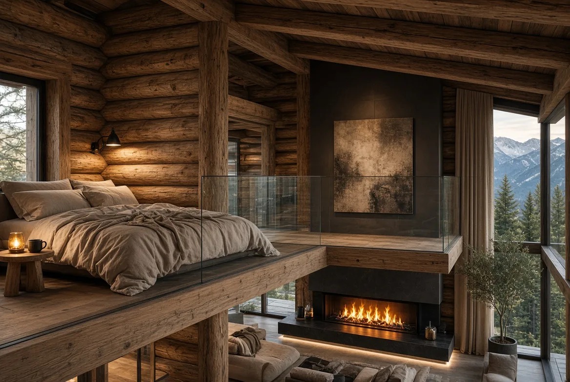 PM70 mezzanine bedroom overlooking the living room fireplace