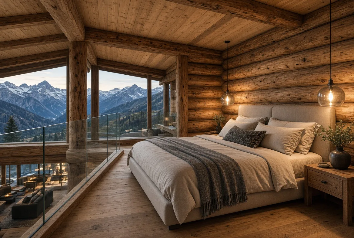 PM70 mezzanine bedroom with glass railing and mountain view