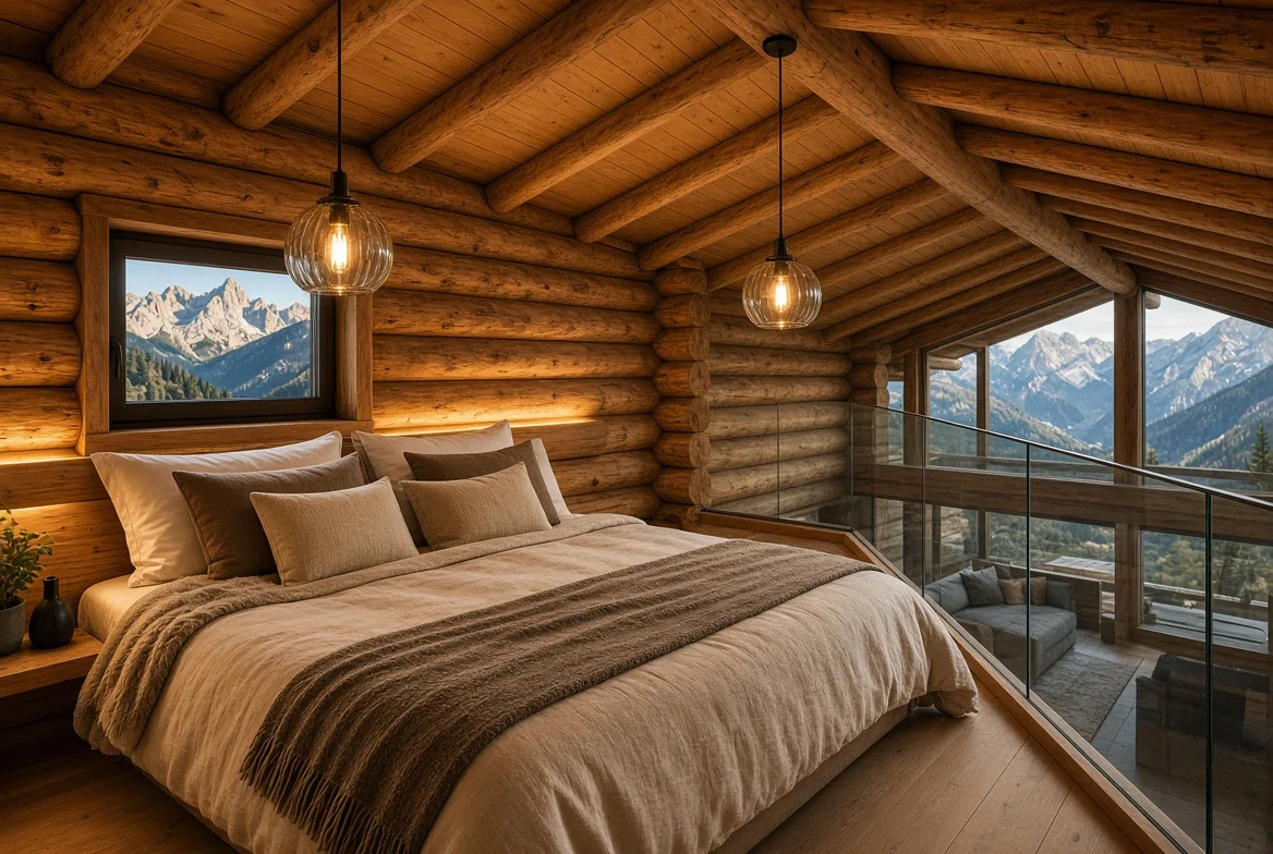 PM70 mezzanine bedroom overlooking the terrace at golden hour