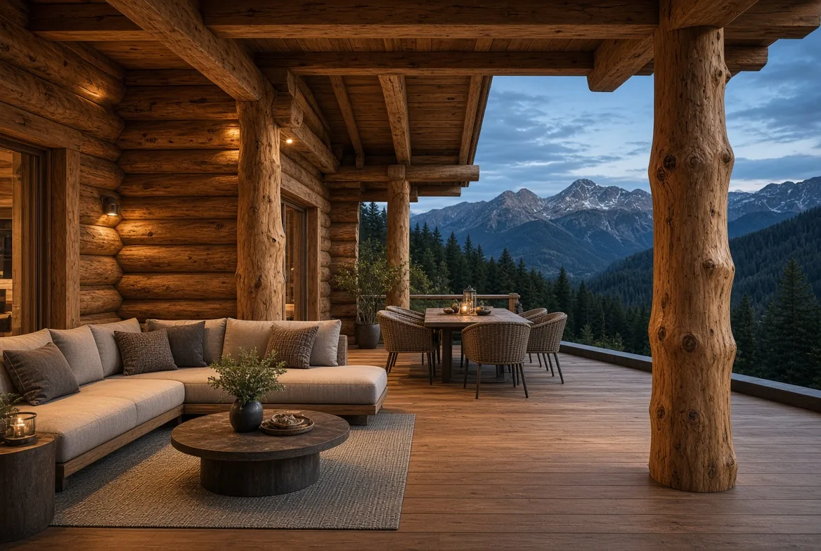 PM70 covered terrace with mountain view at dusk