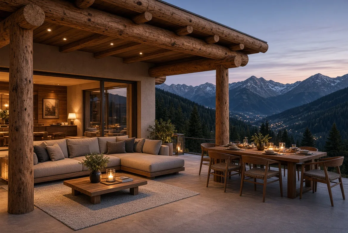 PM70 covered terrace with dining and lounge at dusk